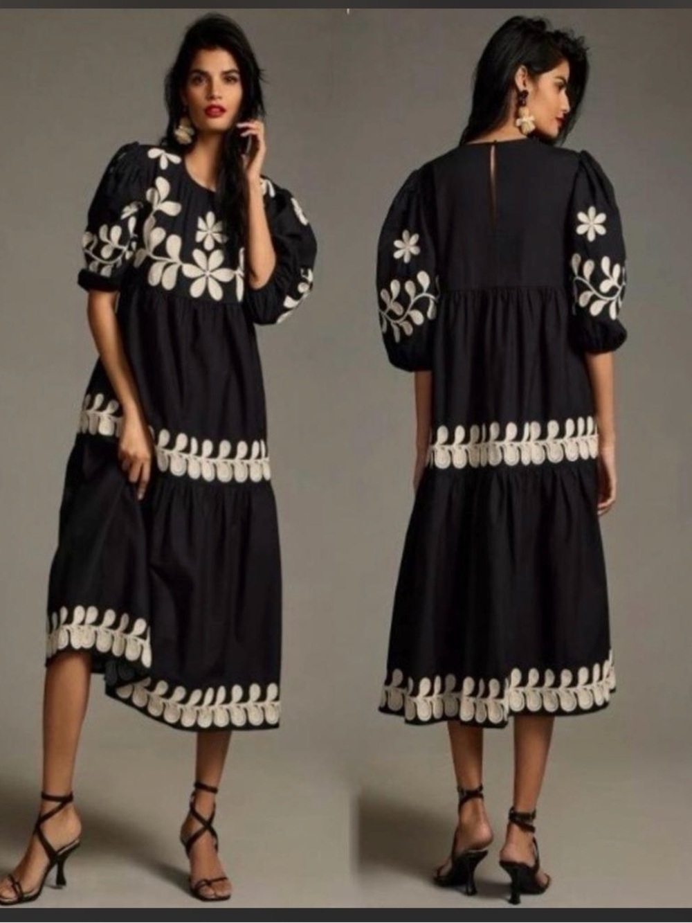 New With Tags Anthropologie Petite Black and Cream Embroidered Dress